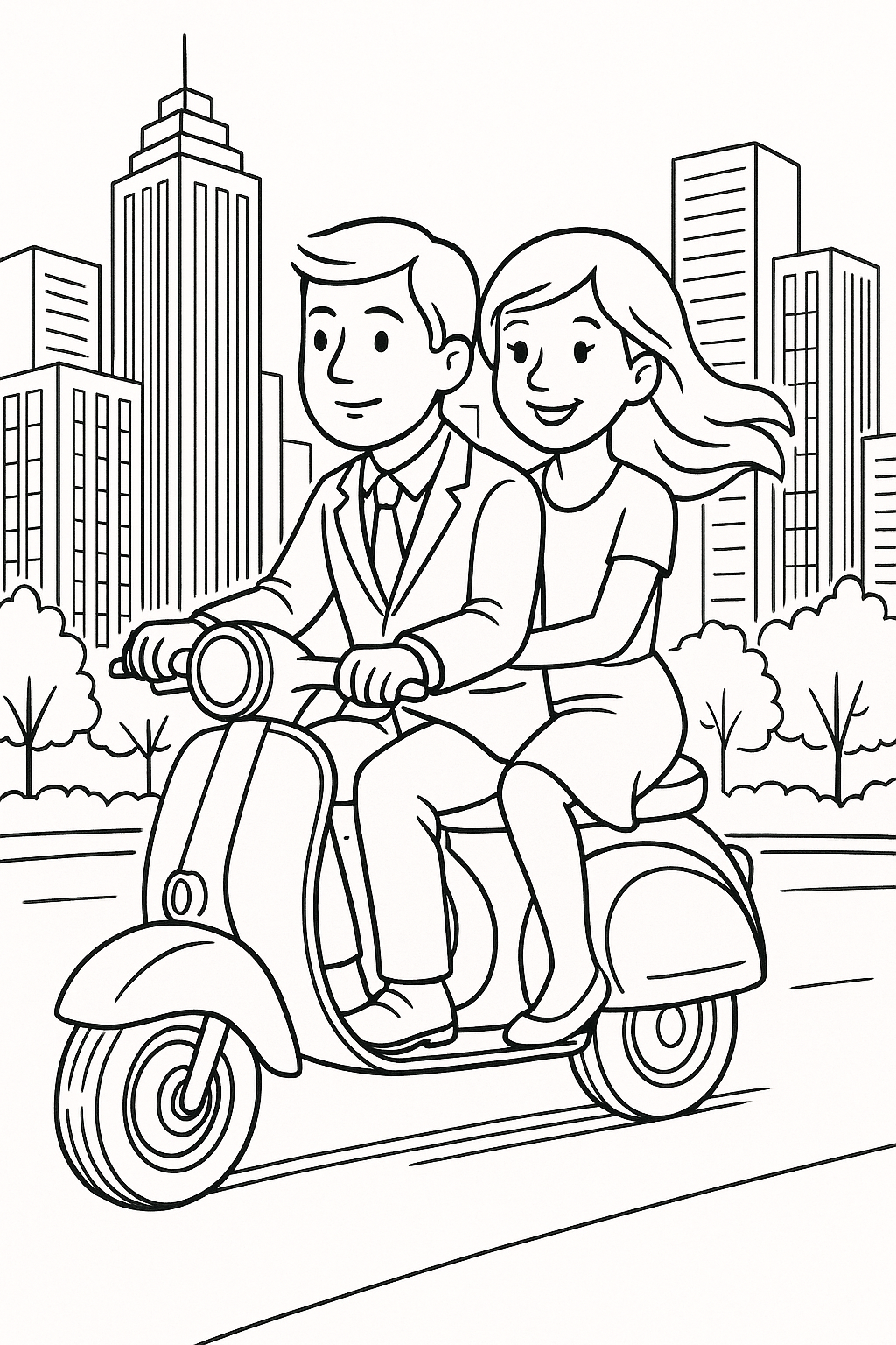 Children riding a scooter through the city in a coloring page