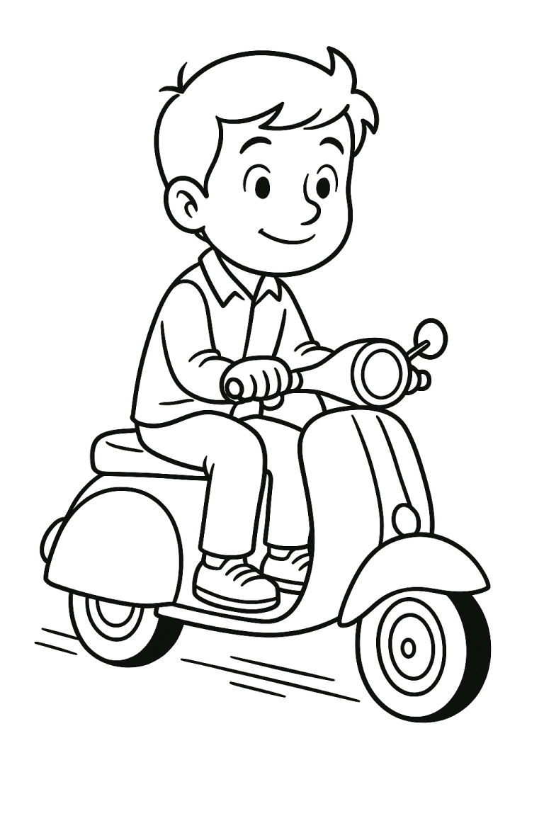 Young person riding a scooter coloring page