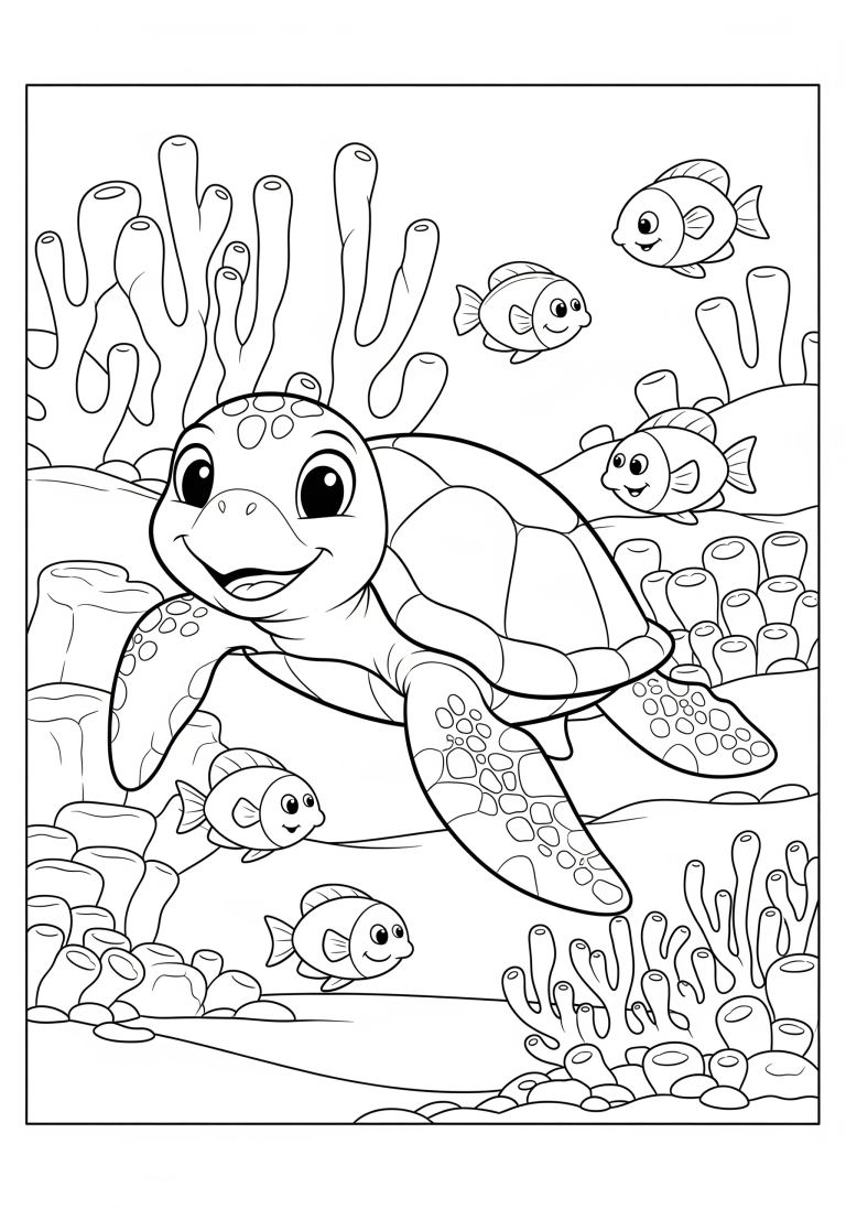 Sea turtle and fish in an underwater scene