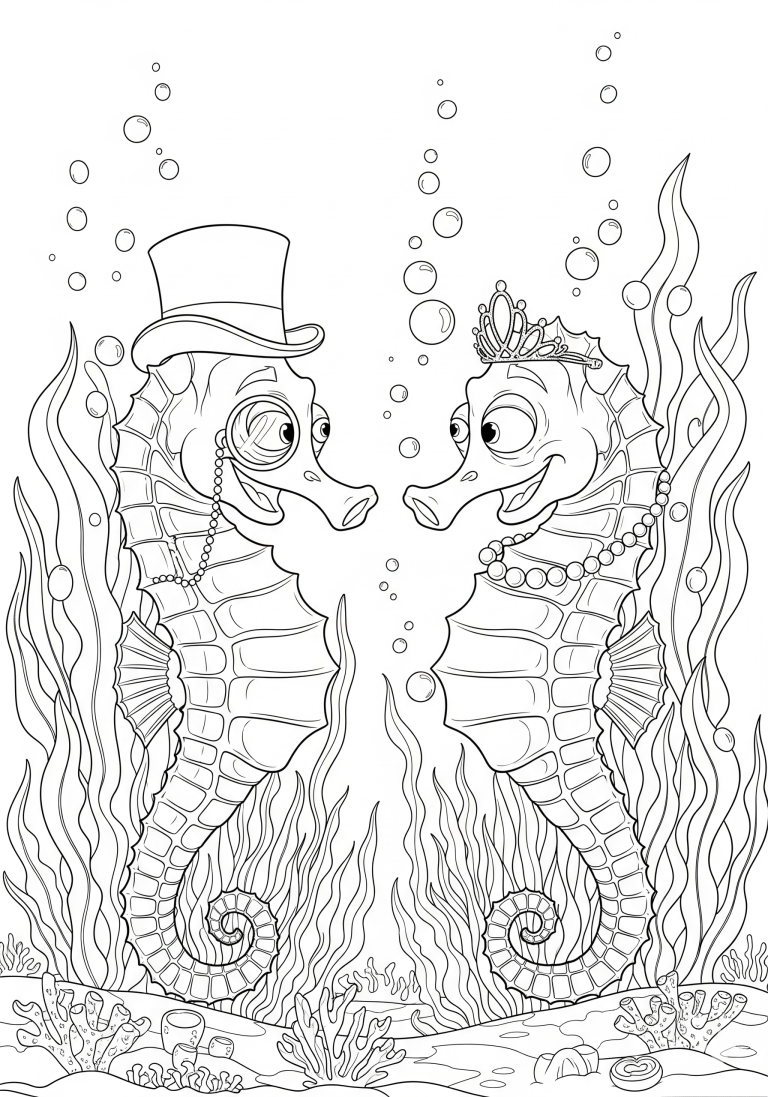 Coloring page of a seahorse couple with hats and jewelry