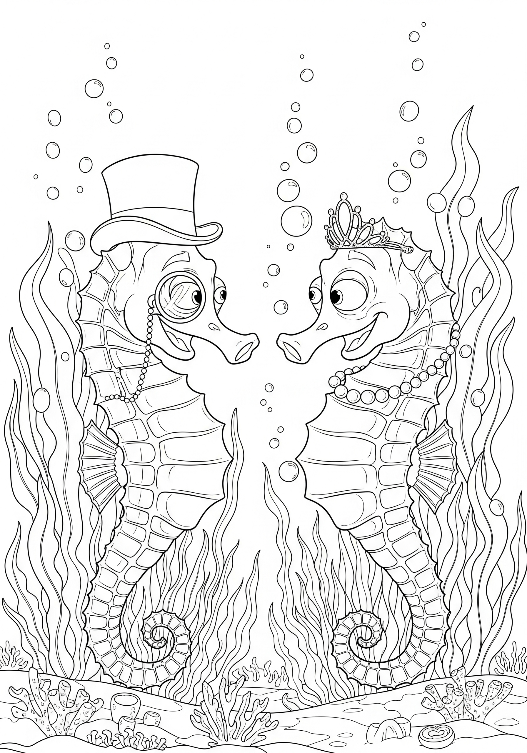 Coloring page of a seahorse couple with hats and jewelry