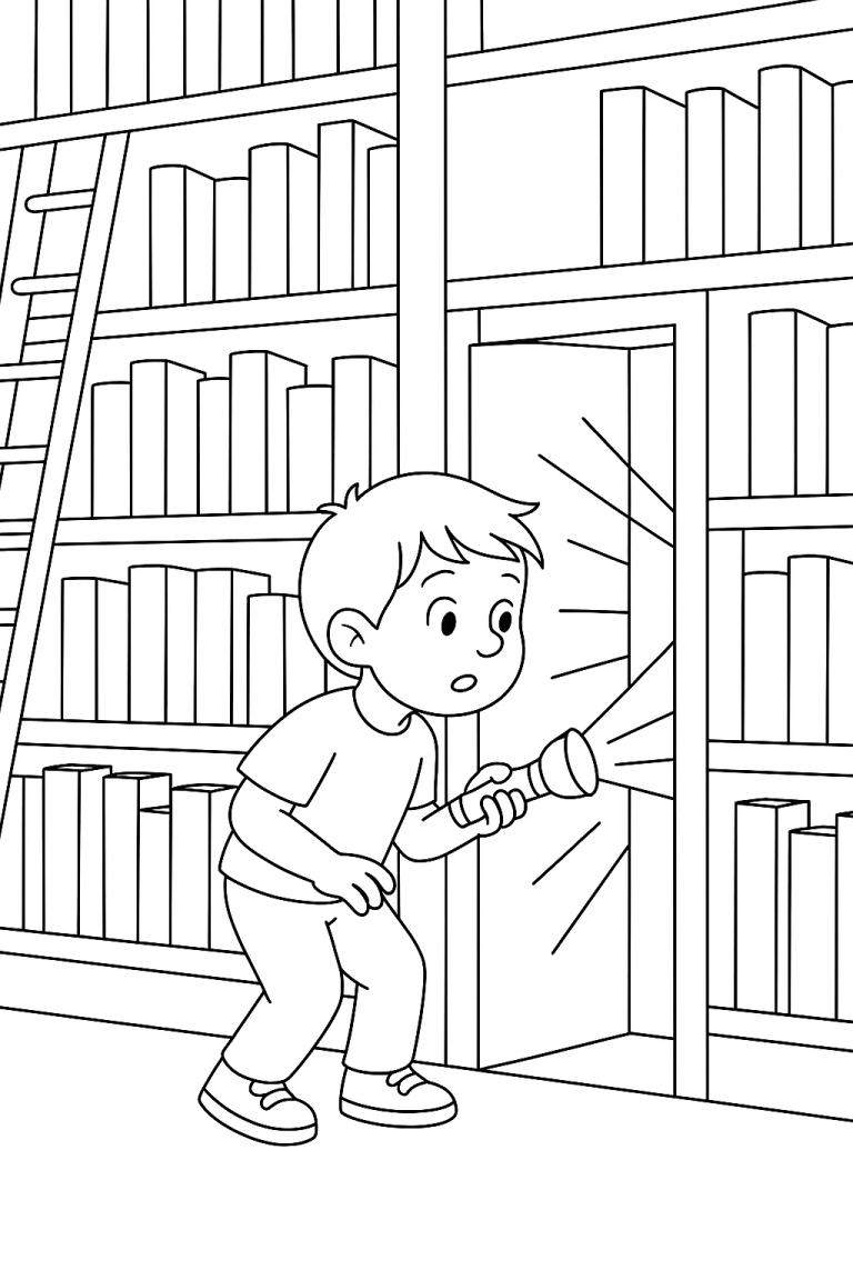 Child exploring a secret passage in a library with a flashlight