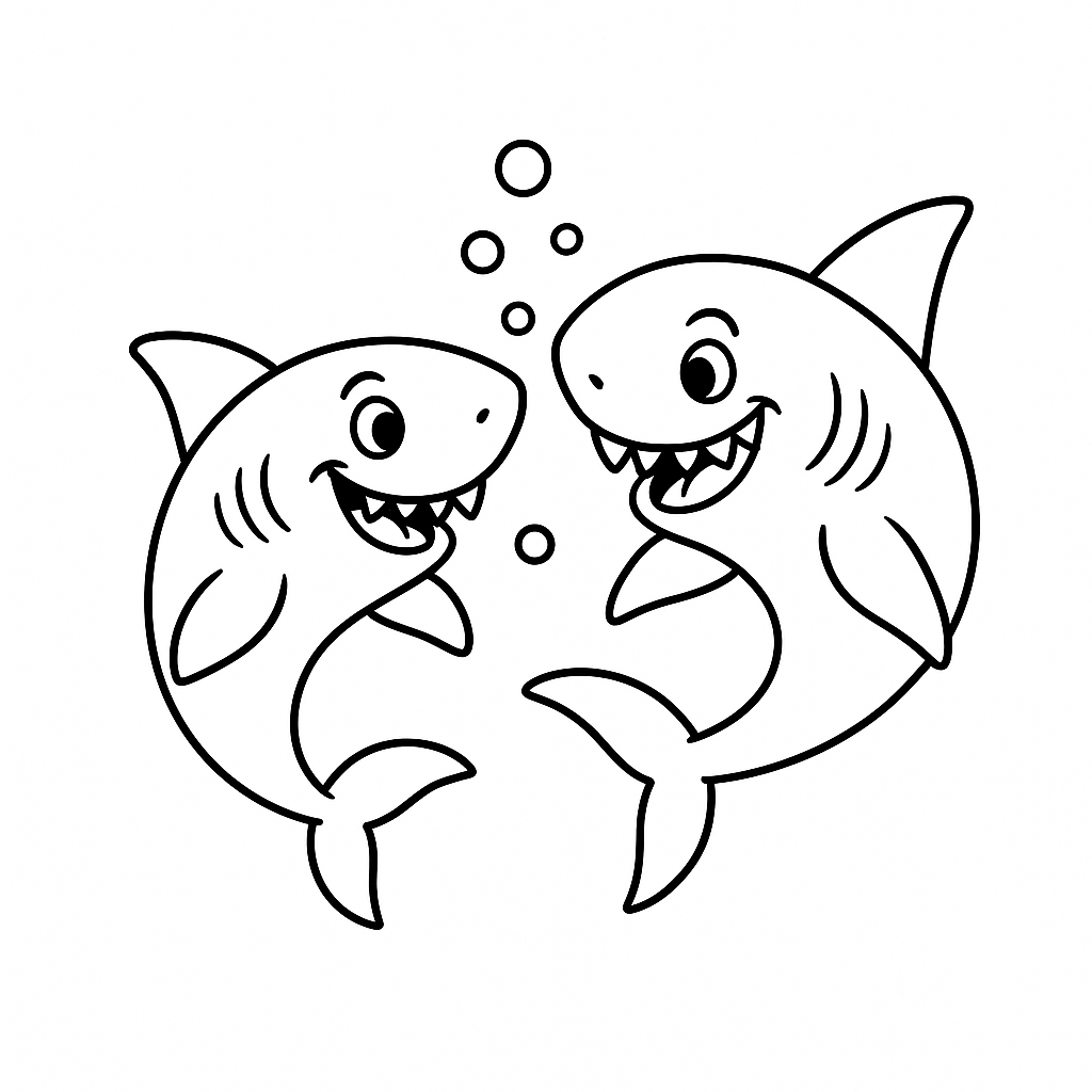 Two cartoon sharks with bubbles coloring page