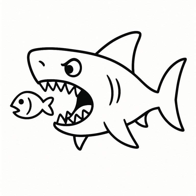 A shark with an open mouth and a small fish