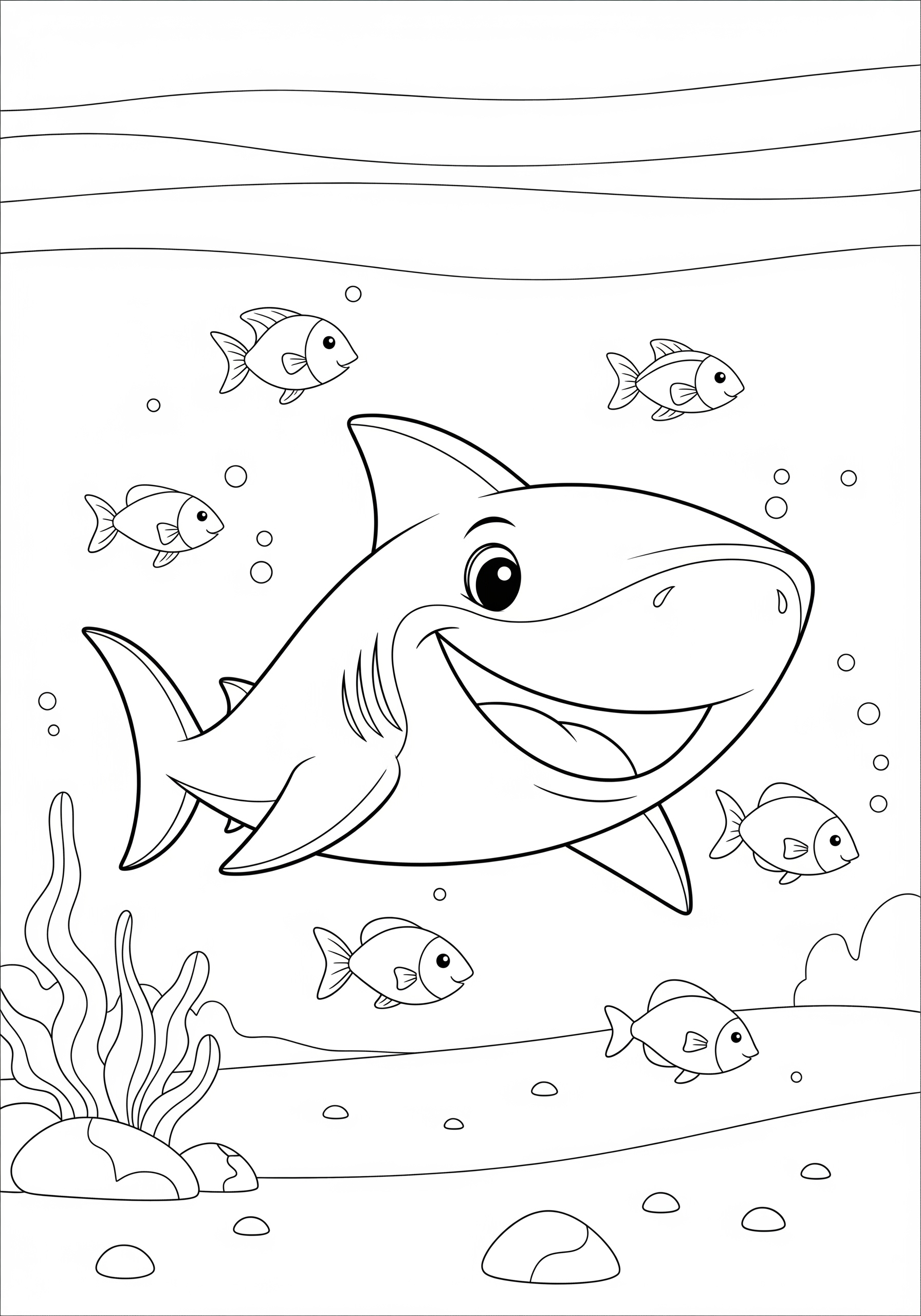 A coloring page featuring a happy shark swimming underwater with fish.