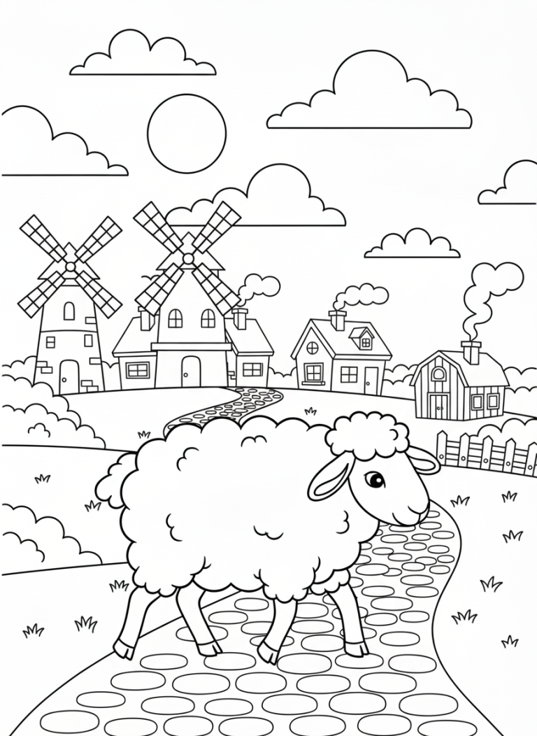 Sheep walking on a path with windmills and cottages in the background
