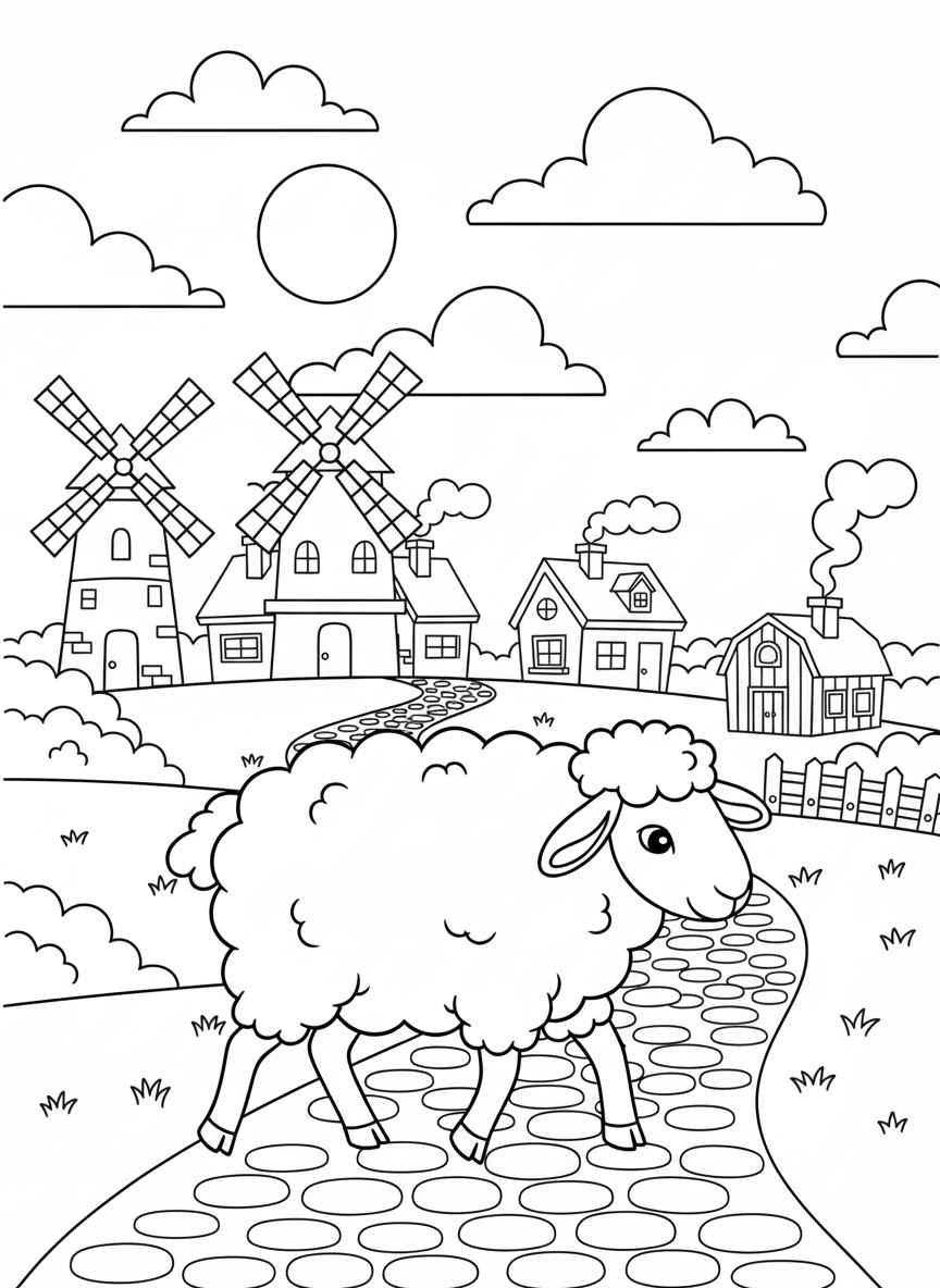 Sheep walking on a path with windmills and cottages in the background
