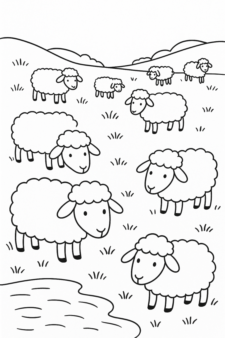 Sheep coloring page with sheep in a field