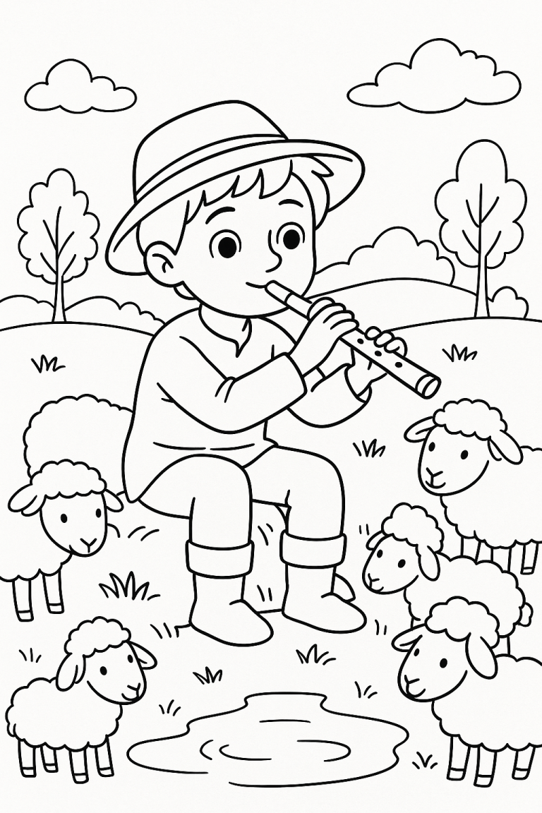 Shepherd boy playing flute with sheep