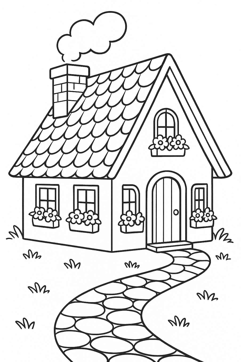 Simple coloring page of a cottage with flowers and a chimney