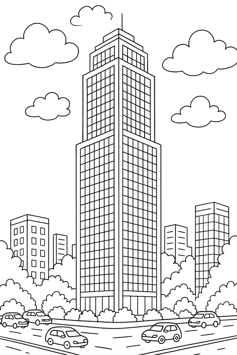 Children's coloring page of a skyscraper in a city.