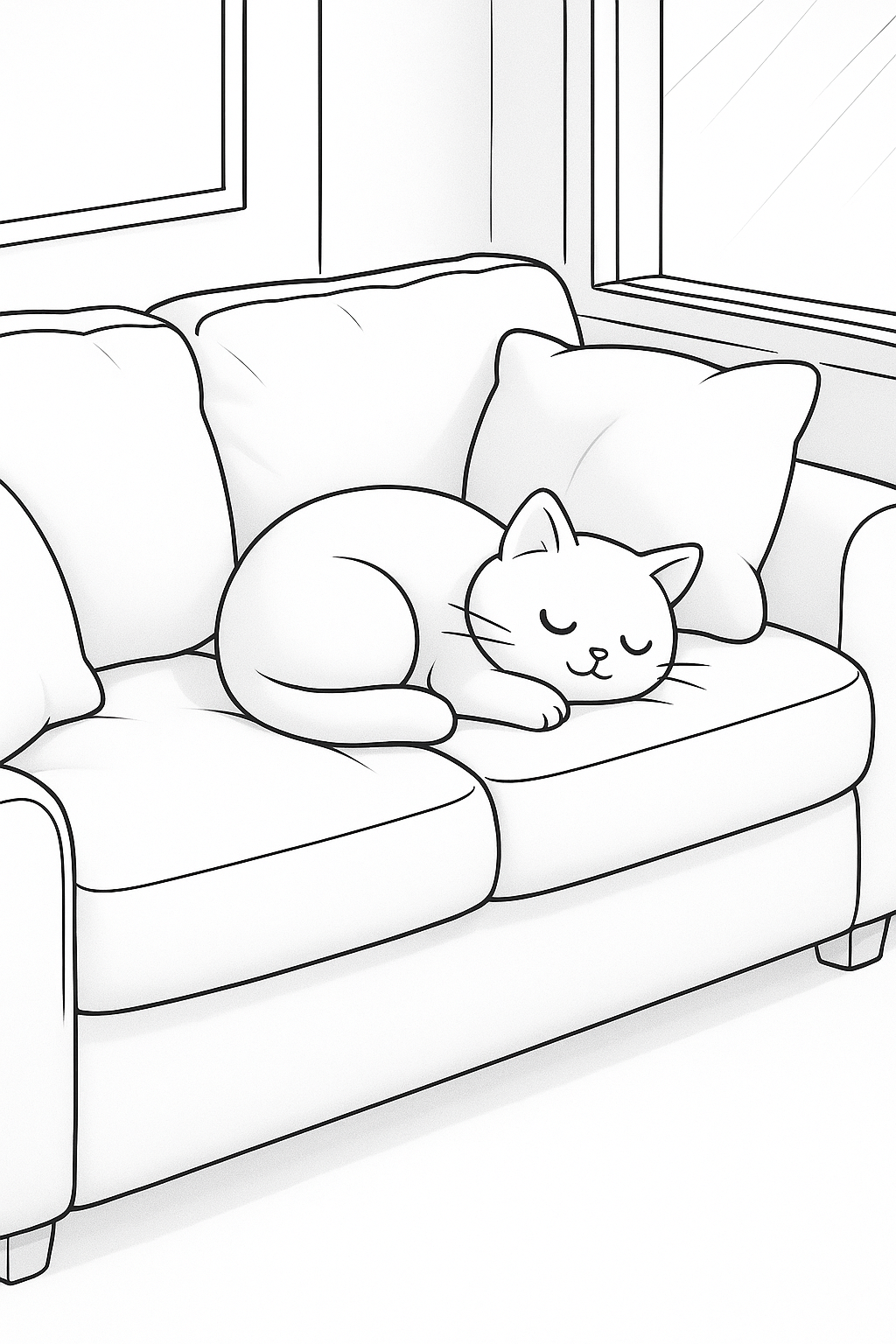 Sleeping cat on a couch coloring page