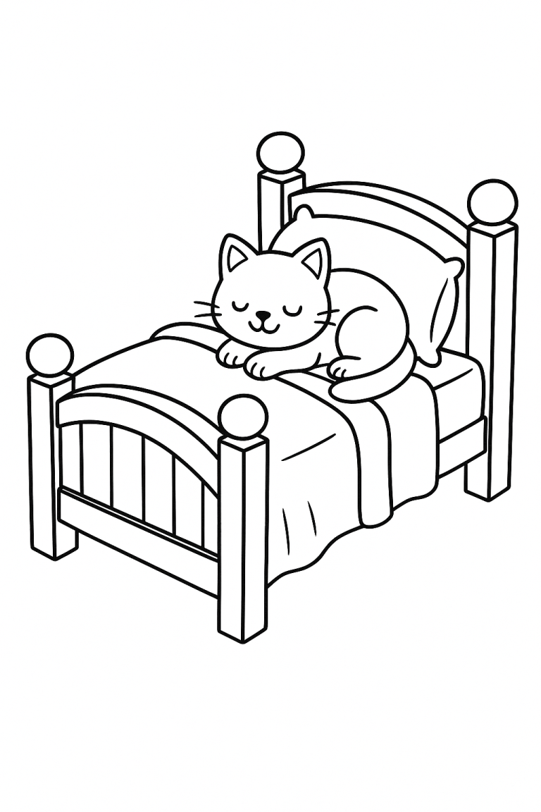 Cute cat sleeping on a bed coloring page