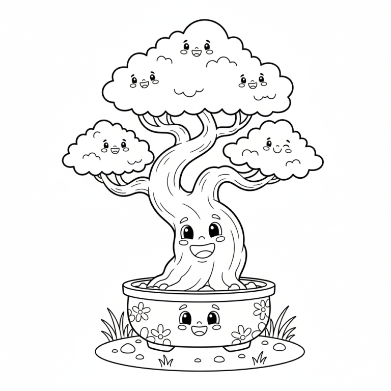 Coloring page of a smiling bonsai tree with happy branches.
