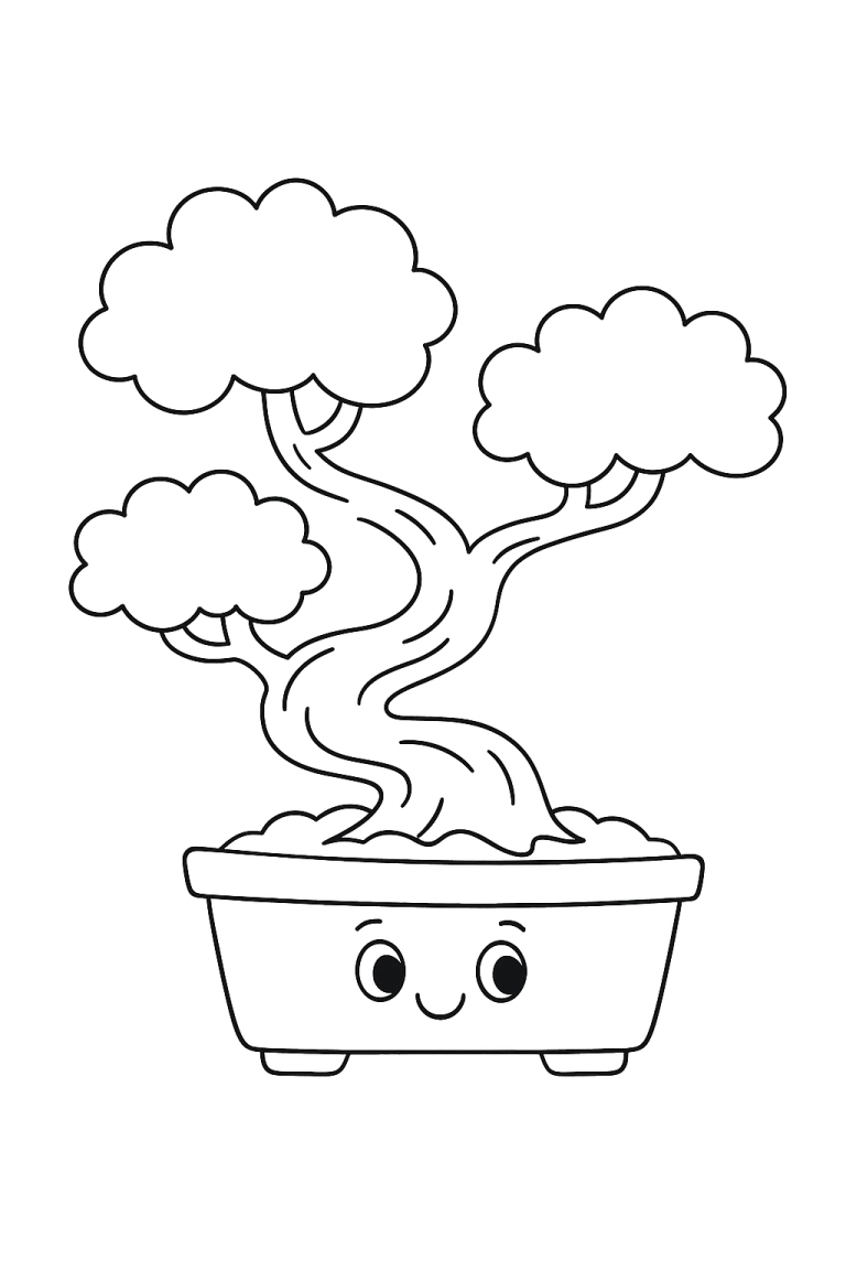 Smiling bonsai tree coloring page for kids