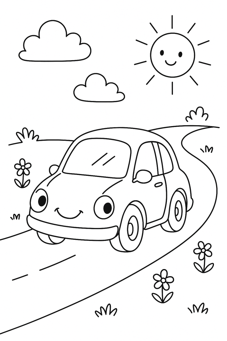 Coloring page of a smiling car on a road with sun and clouds.