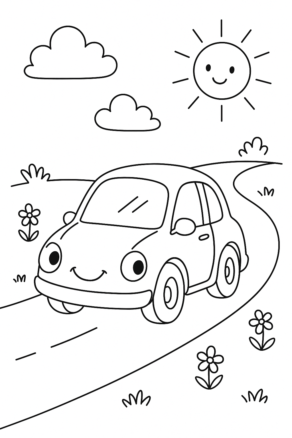 Coloring page of a smiling car on a road with sun and clouds.
