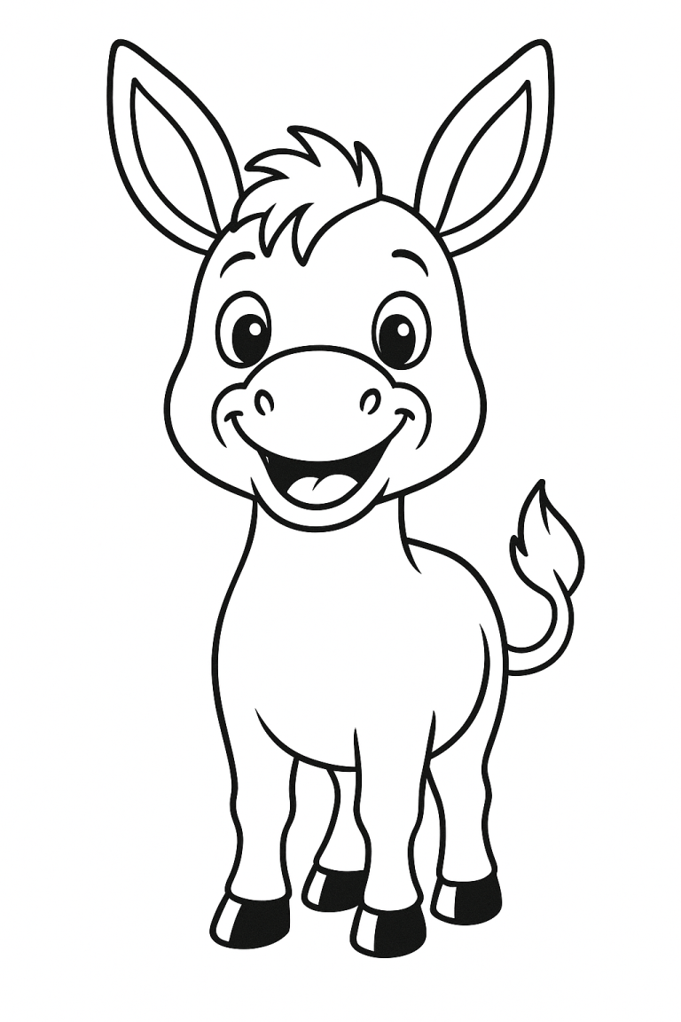 Coloring page of a smiling donkey standing
