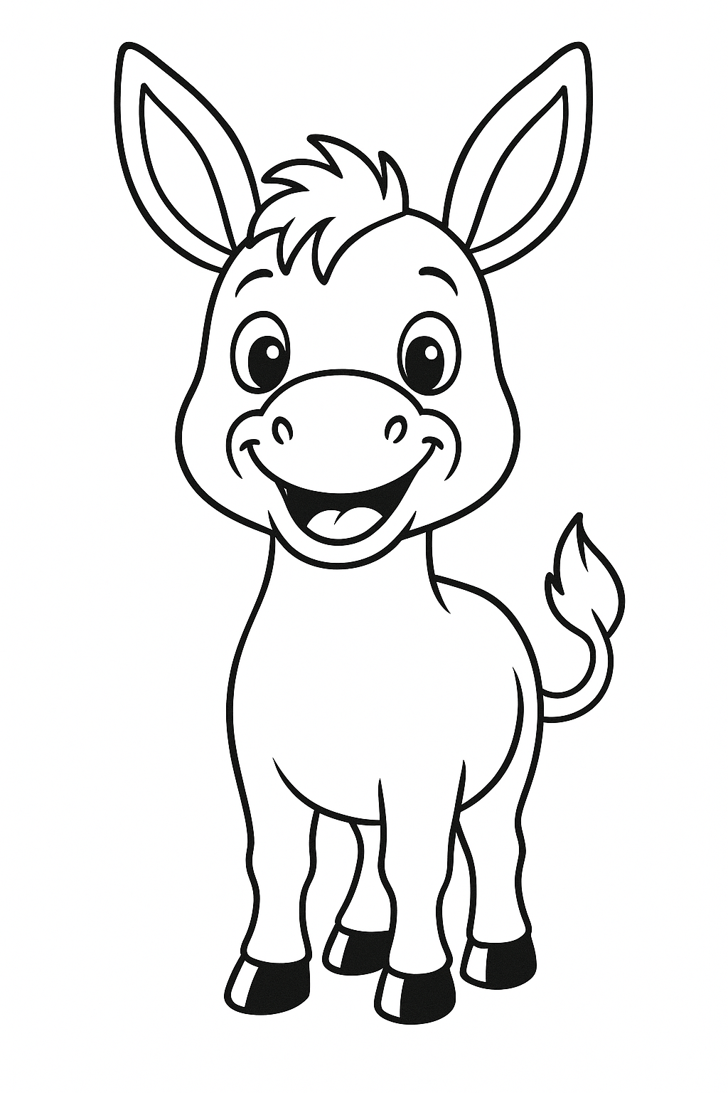 Coloring page of a smiling donkey standing