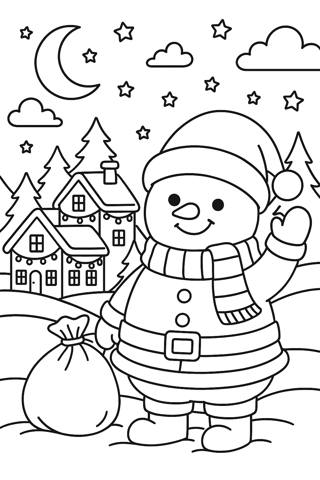 Snowman with bag in a winter village scene