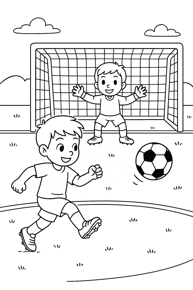 Kids playing soccer coloring page