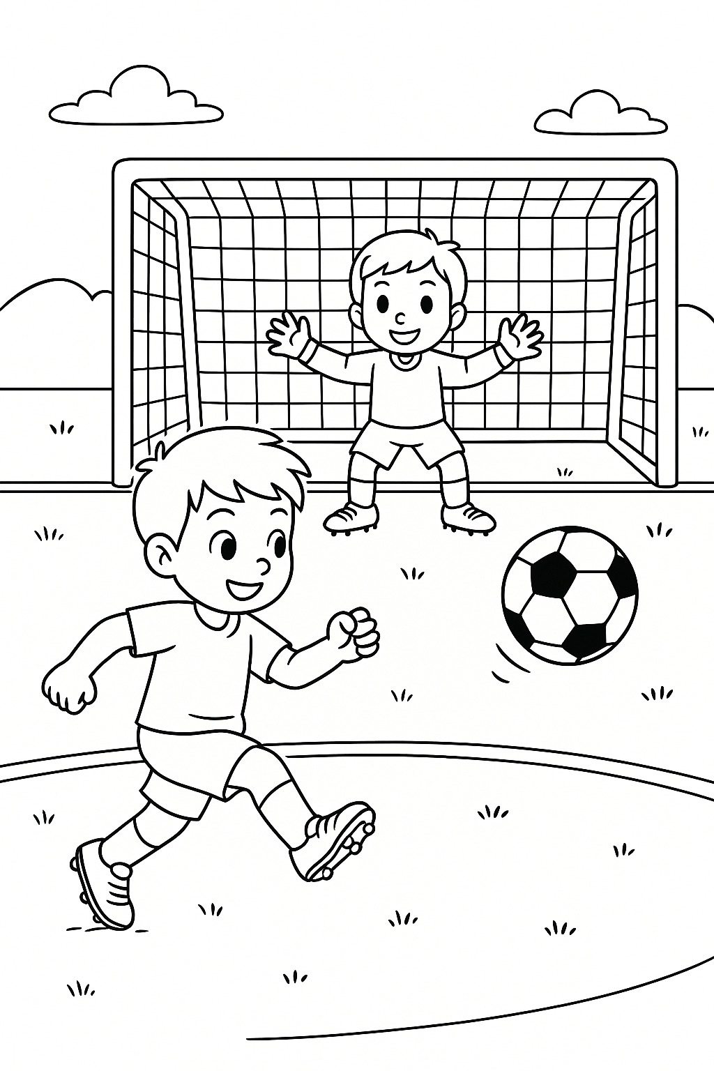 Kids playing soccer coloring page