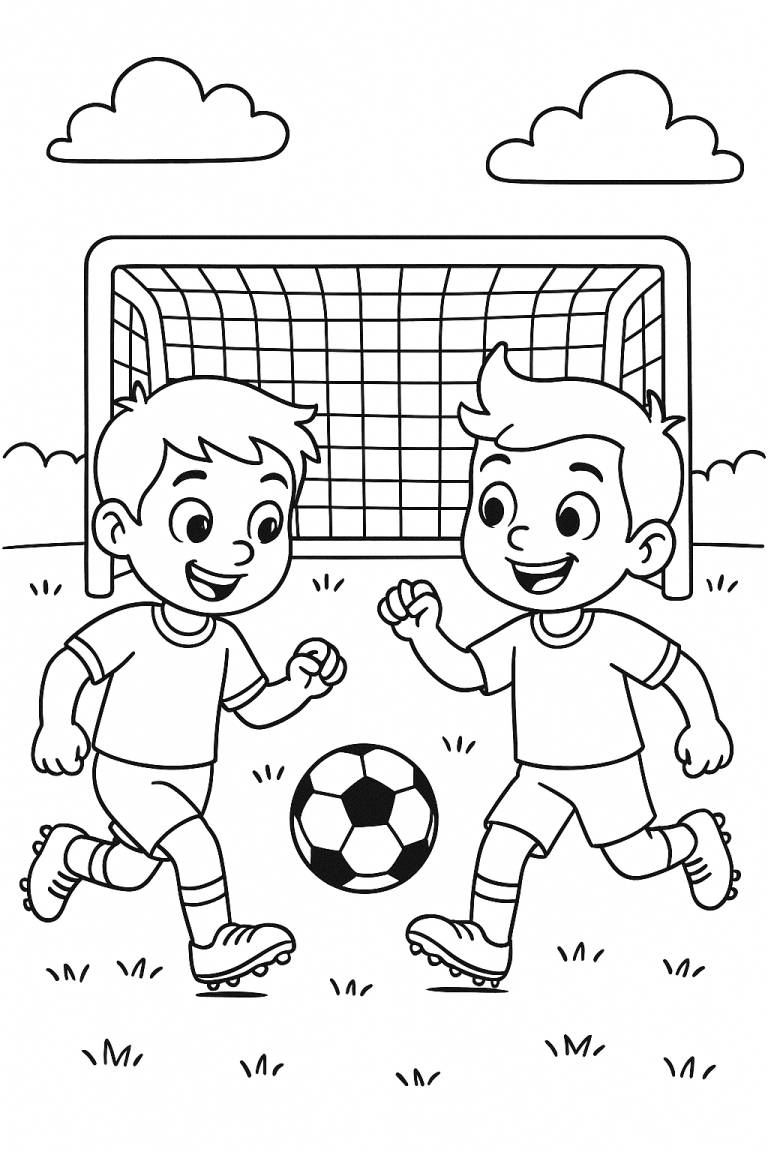Children playing soccer coloring page