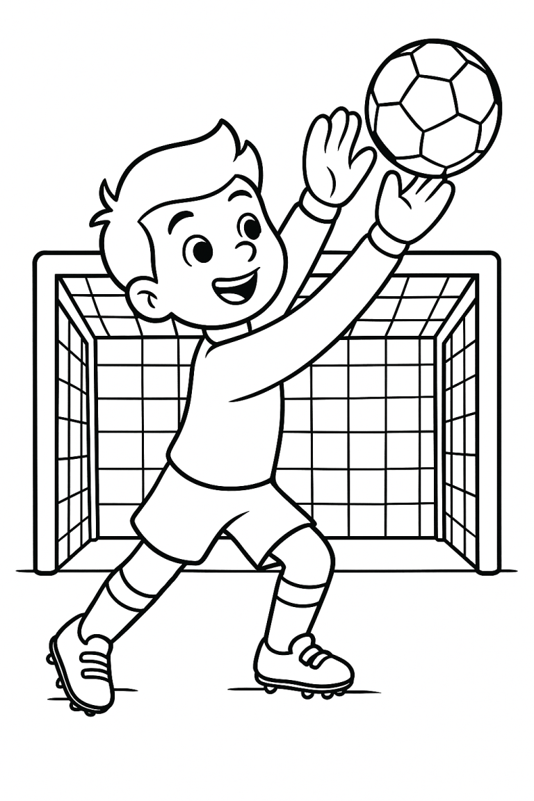 Child playing as soccer goalie in net