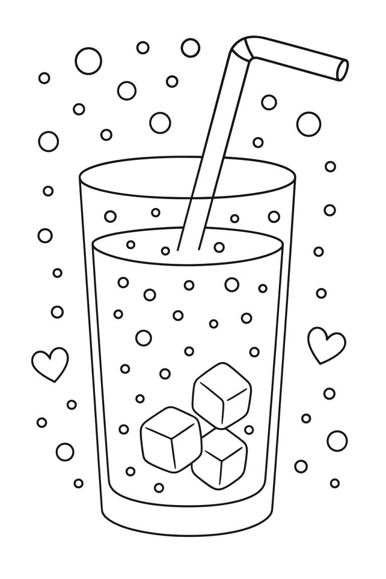 A coloring page of a glass of soda with ice cubes and a straw.