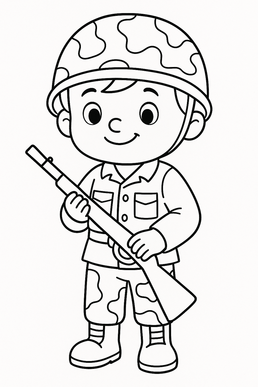 Cartoon soldier holding a rifle on a coloring page