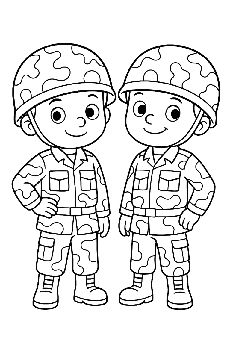 Two kids in soldier uniforms coloring page