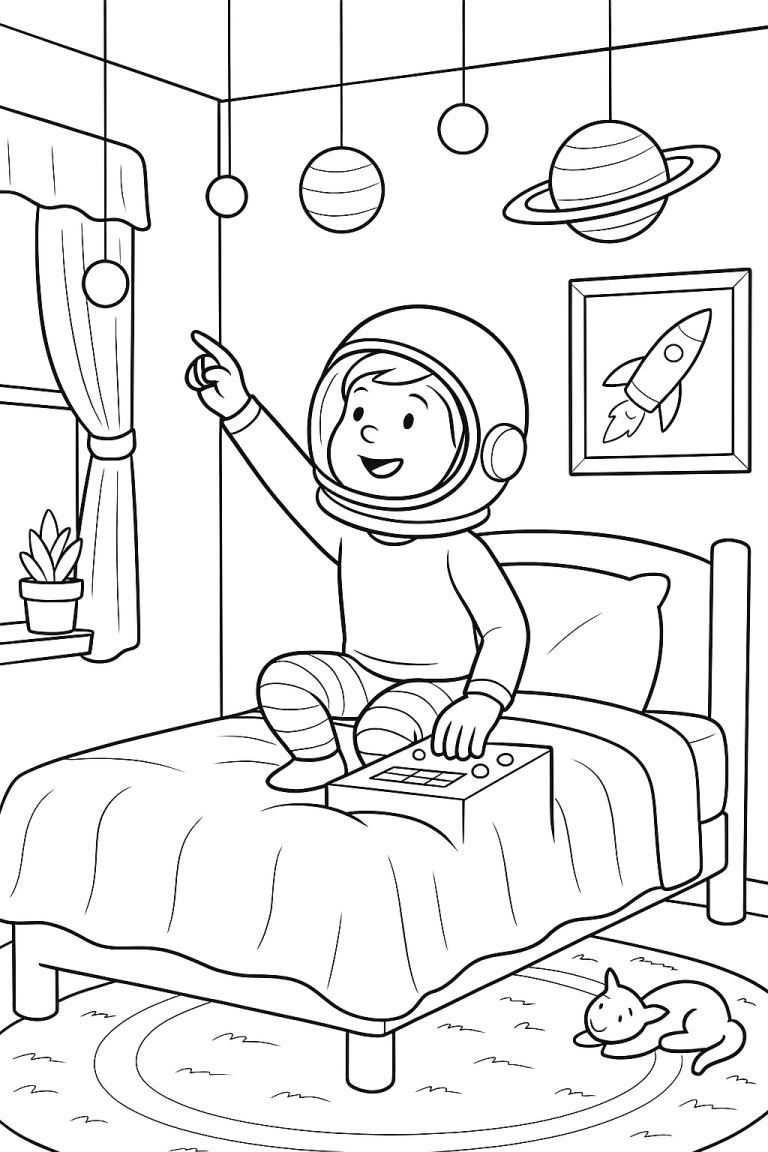 Child dressed as astronaut pointing at space decorations