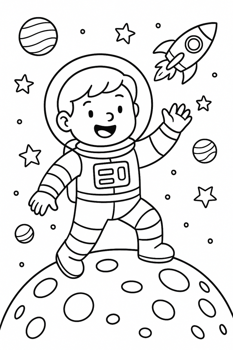 Kid astronaut with rocket ship in space