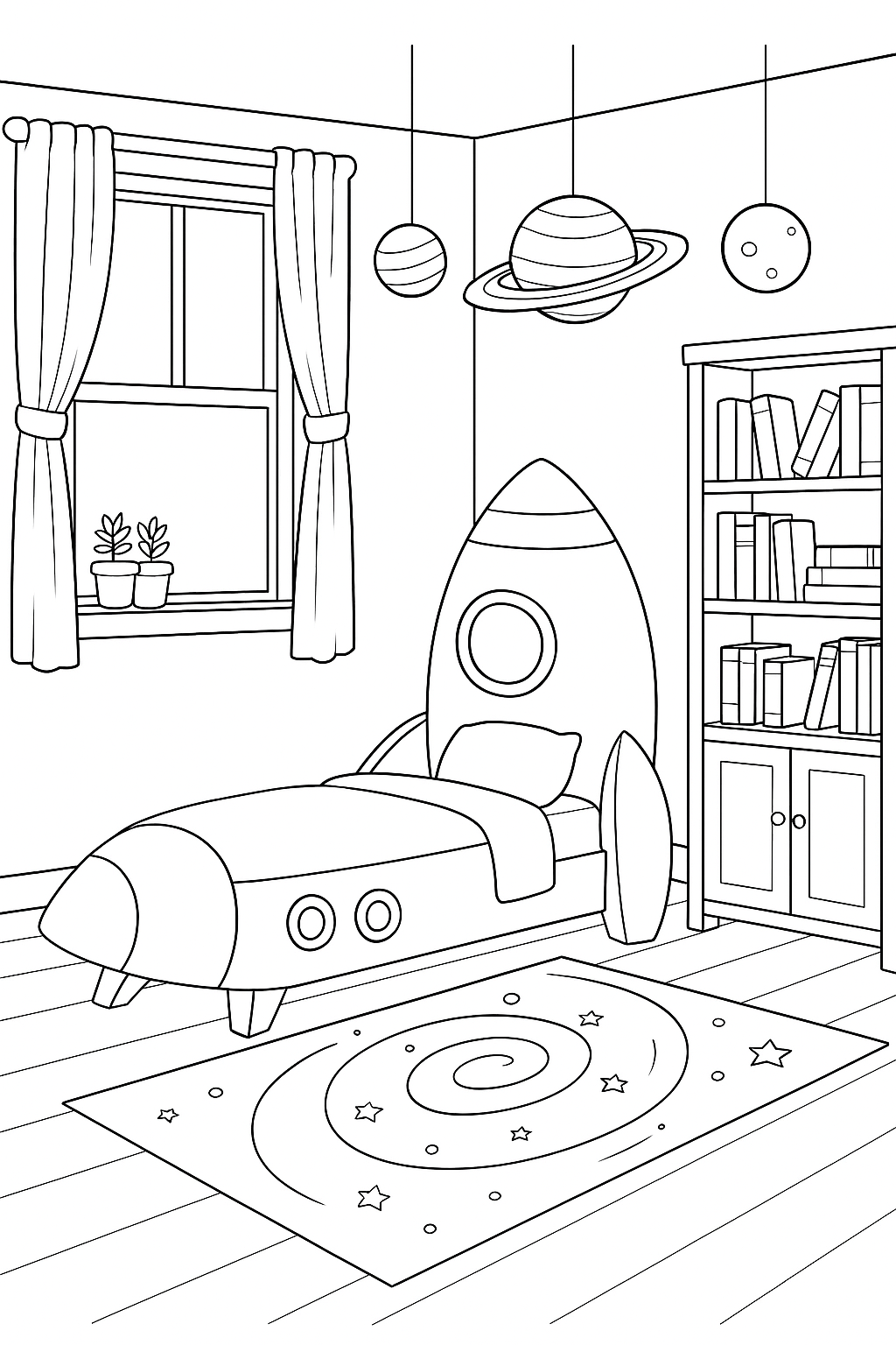 Space-themed bedroom with rocket bed and planets