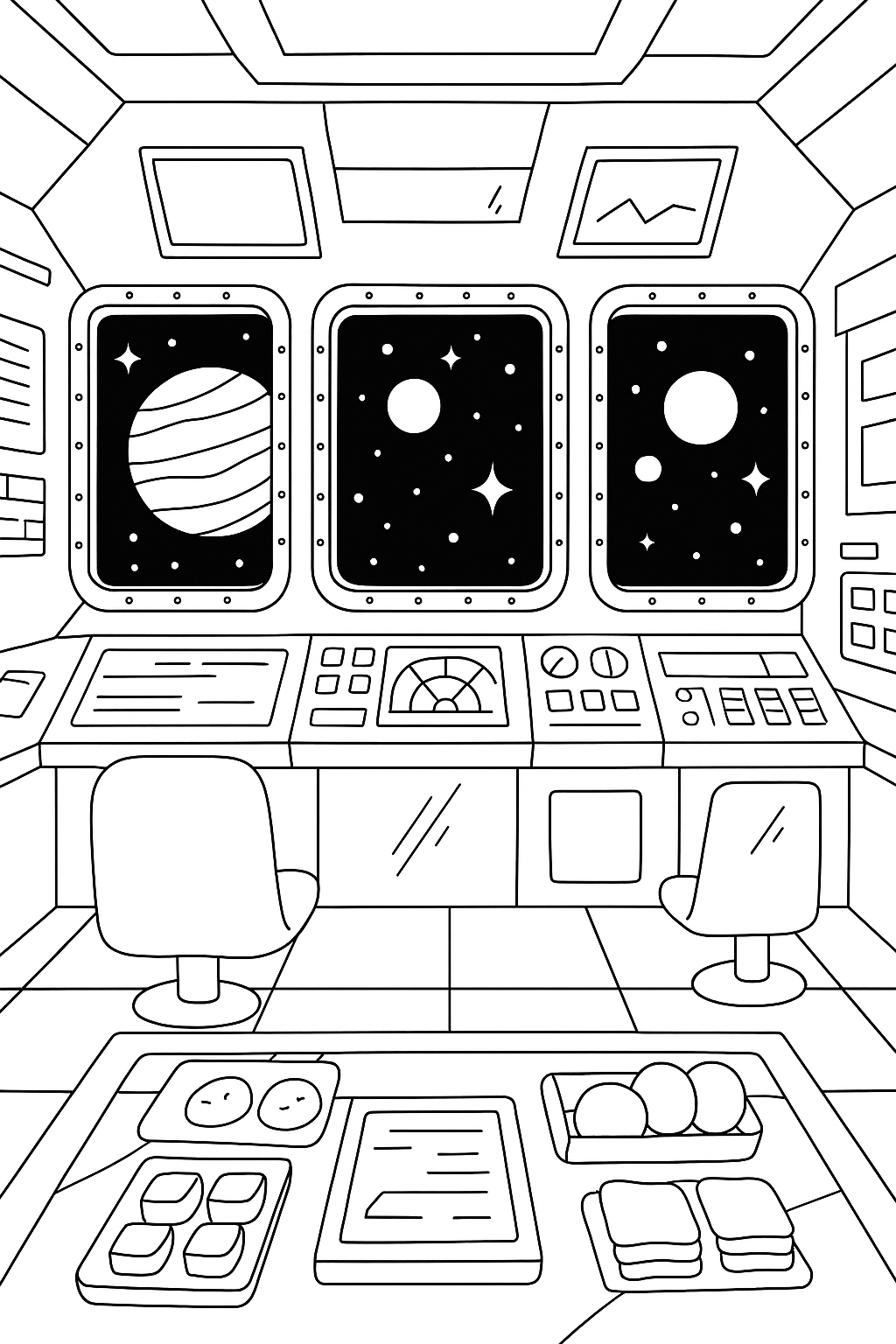 Coloring page of a space cockpit with stars and planets visible through windows