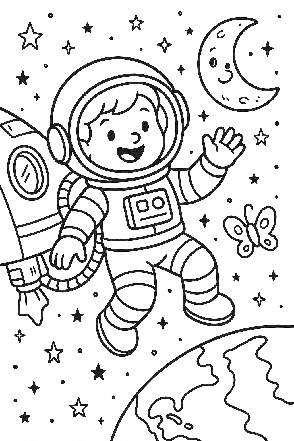 Astronaut in space coloring page for kids with stars