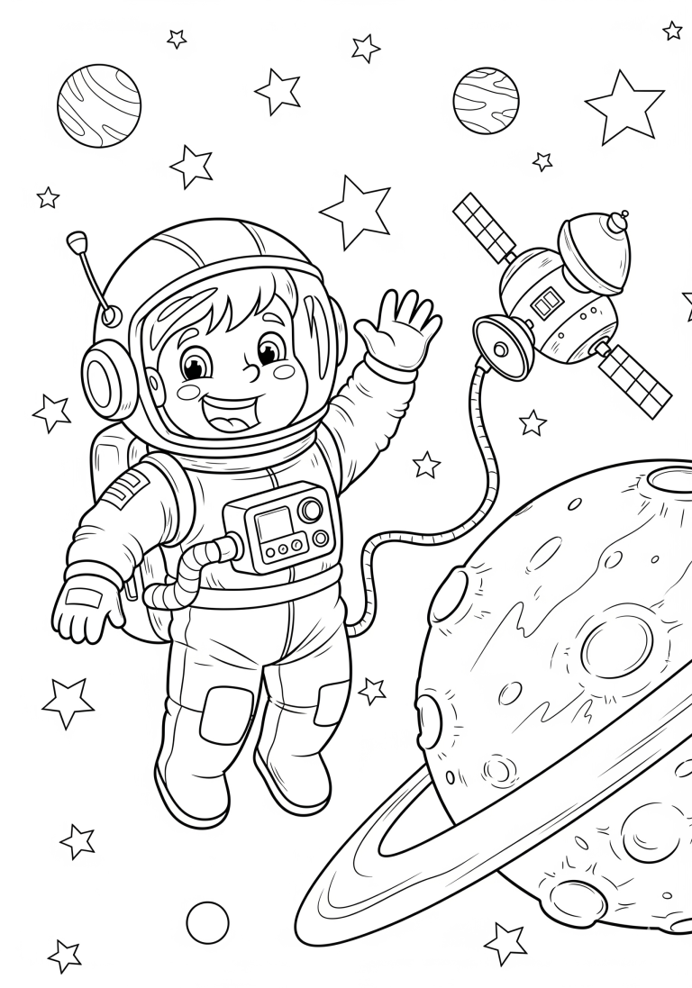 Astronaut in space with planets and stars