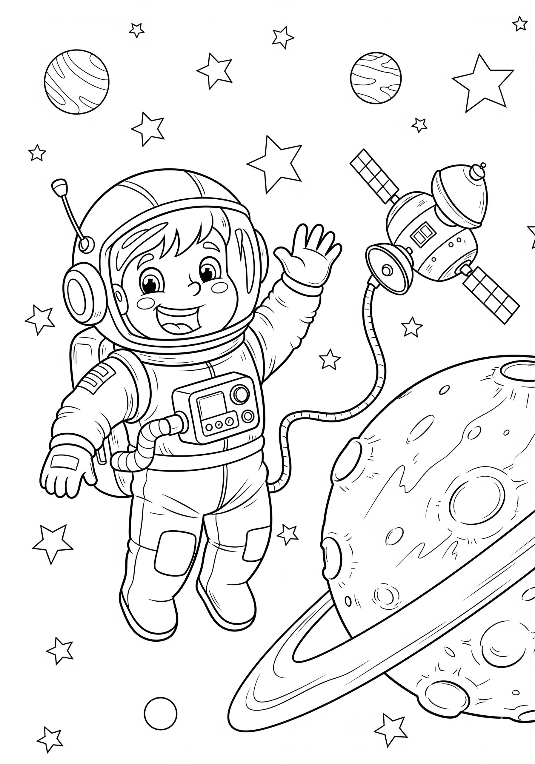 Astronaut in space with planets and stars