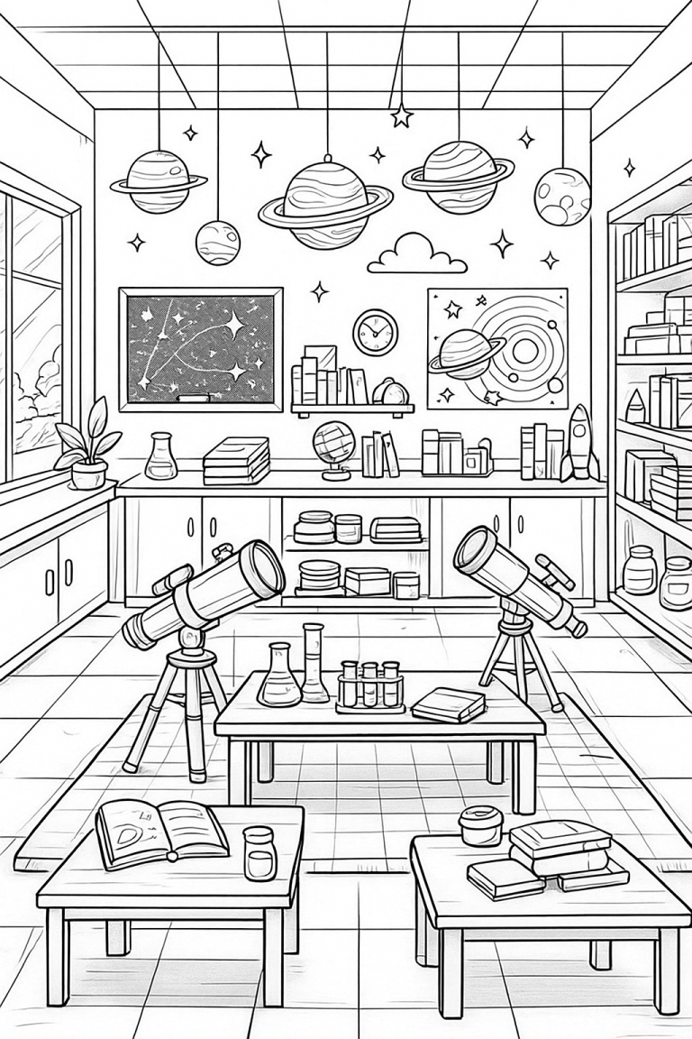 Children's coloring page of a space-themed room