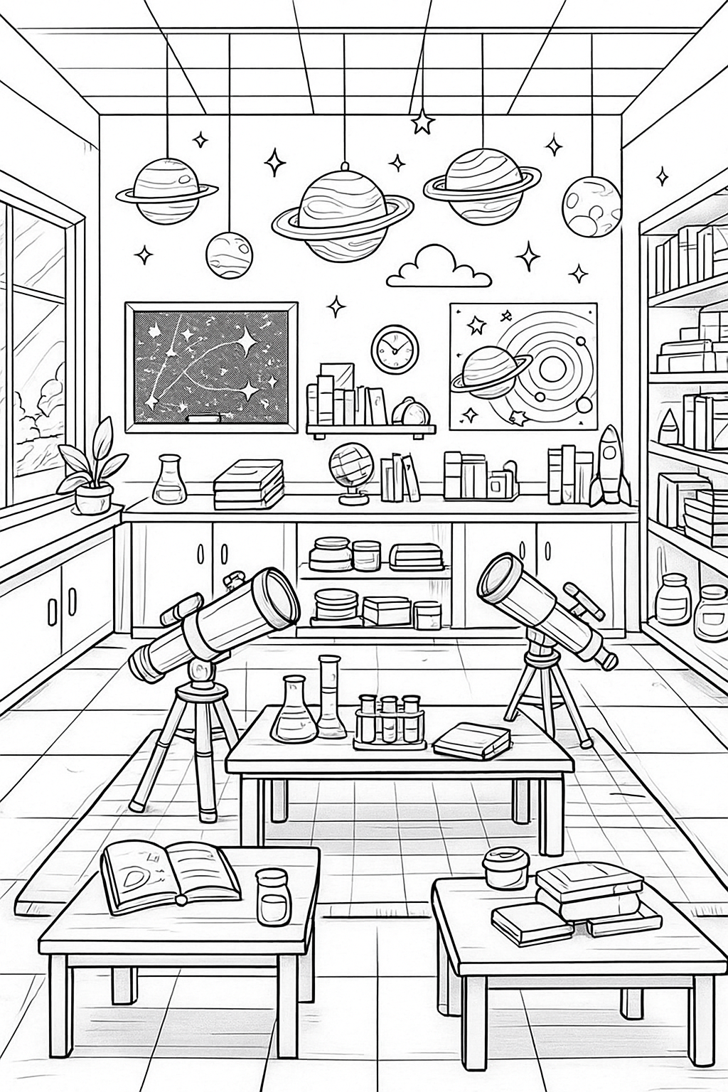 Children's coloring page of a space-themed room