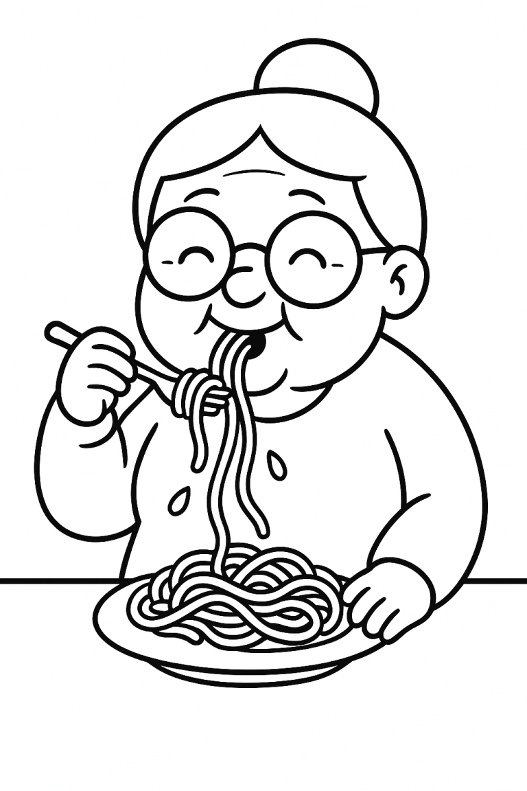 Happy character eating spaghetti on coloring page