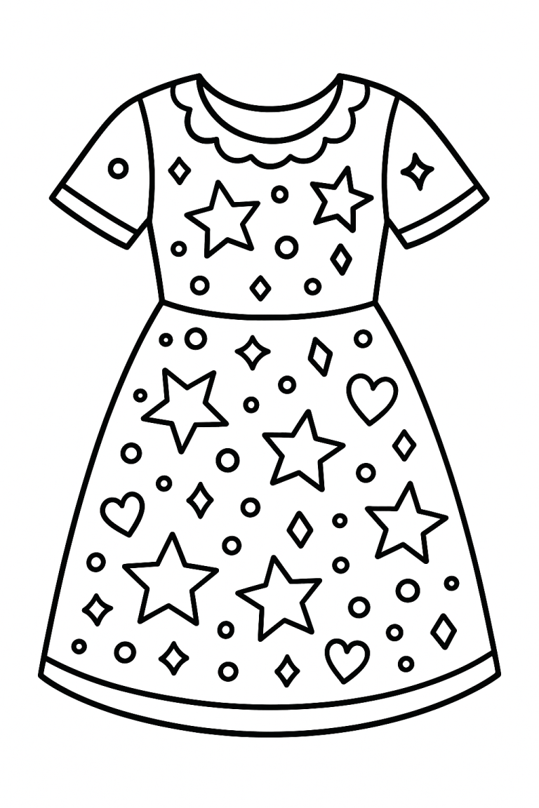Star pattern dress coloring page with hearts and circles