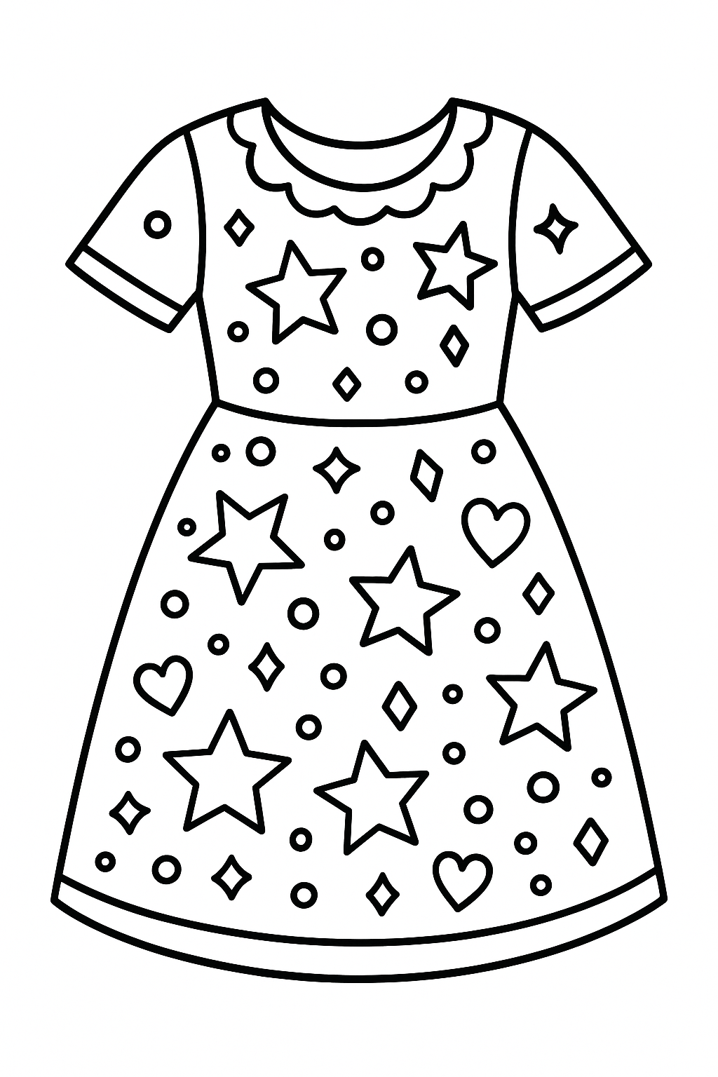 Star pattern dress coloring page with hearts and circles