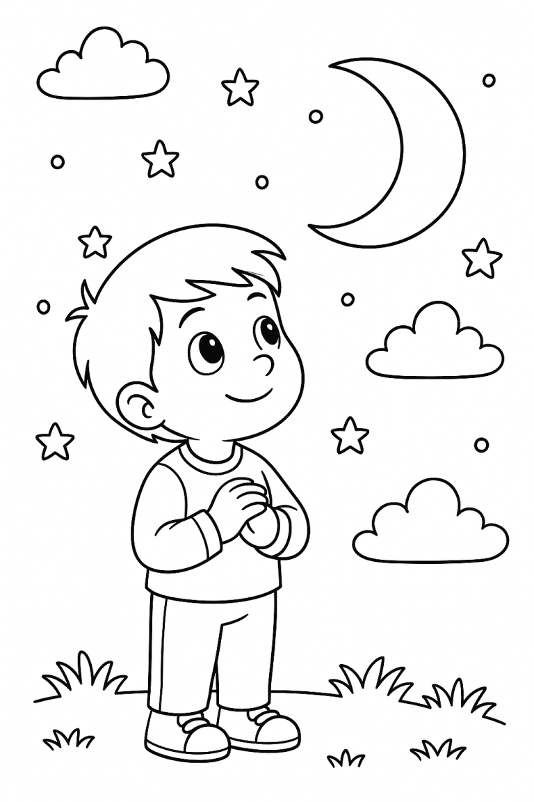 Child looking at the stars and moon coloring page