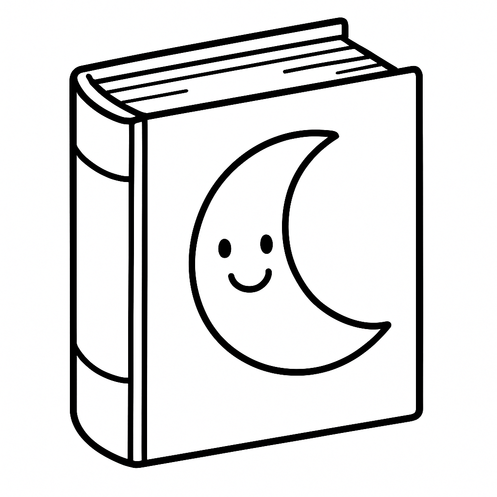 Coloring page of a storybook with a moon
