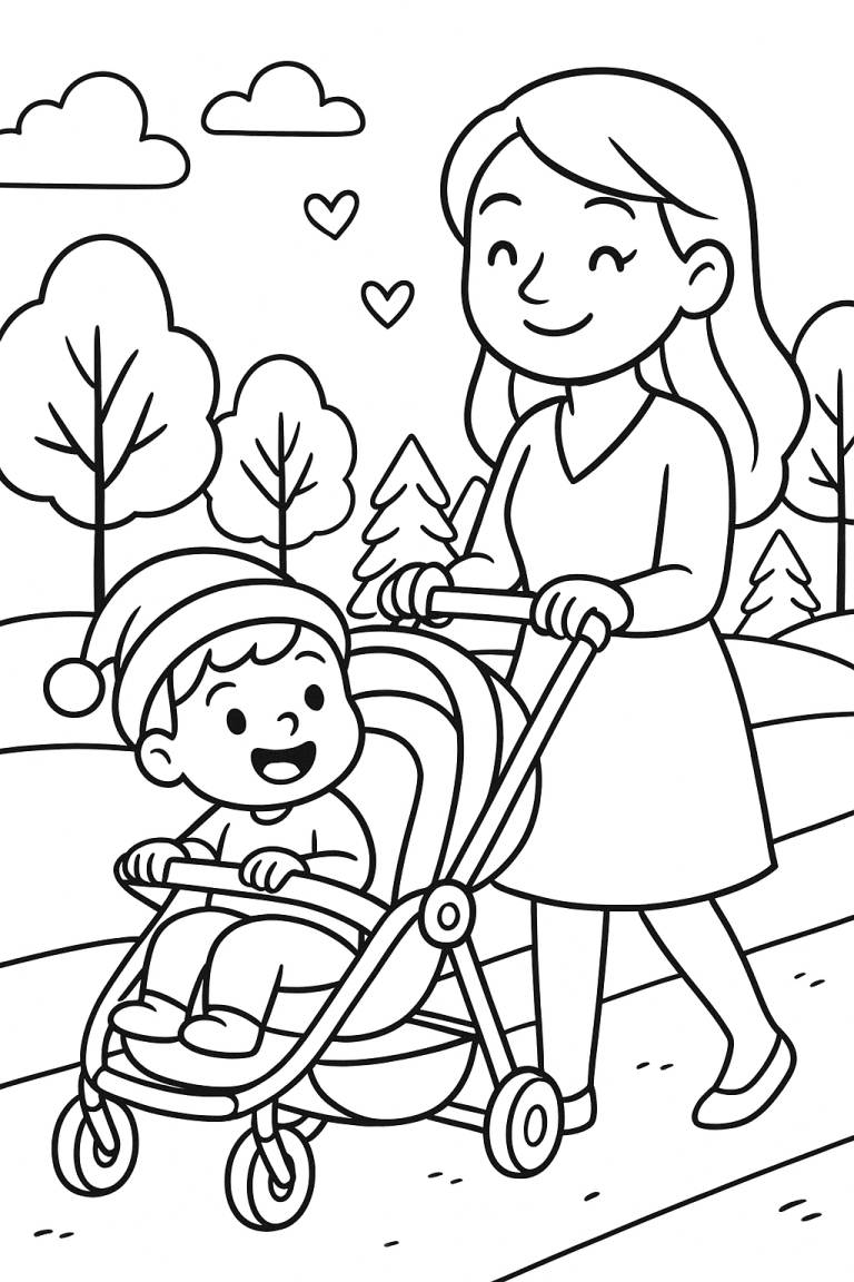 Coloring page of a child in a stroller with an adult pushing it.