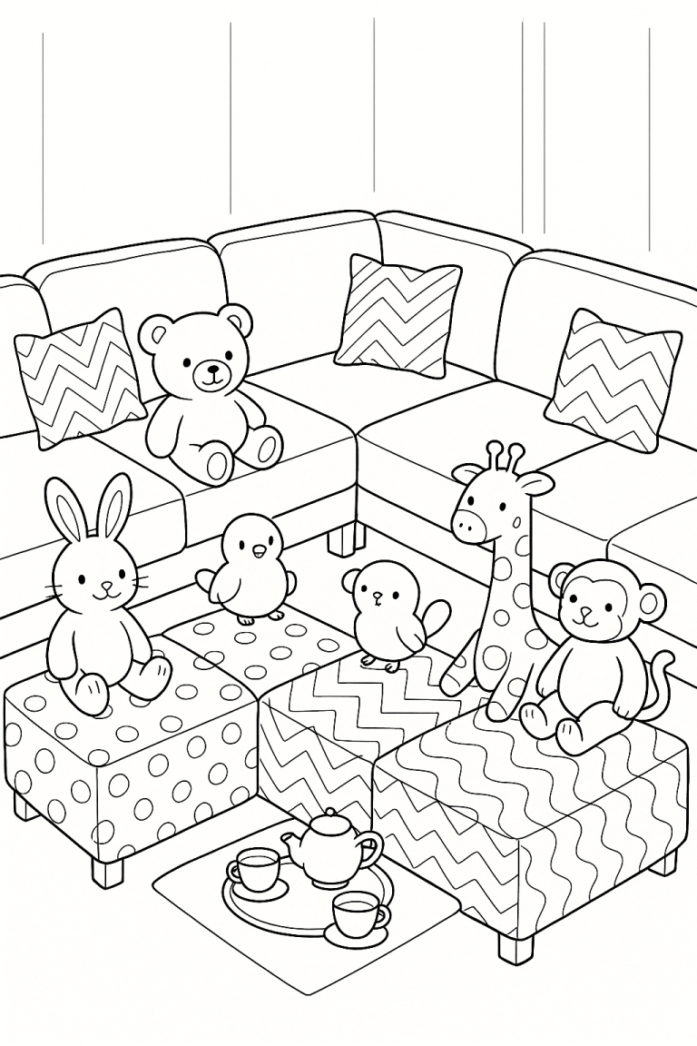 Stuffed animals having a tea party on a sofa.