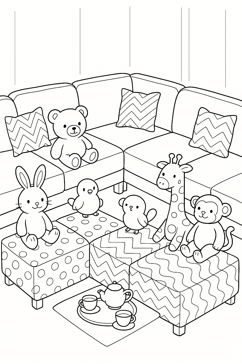 Stuffed animals having a tea party on a sofa.