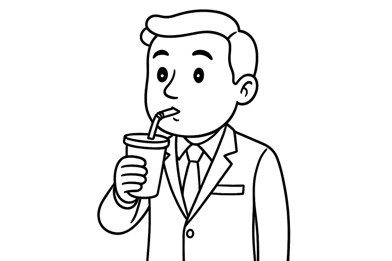 Cartoon character in a suit drinking with a straw