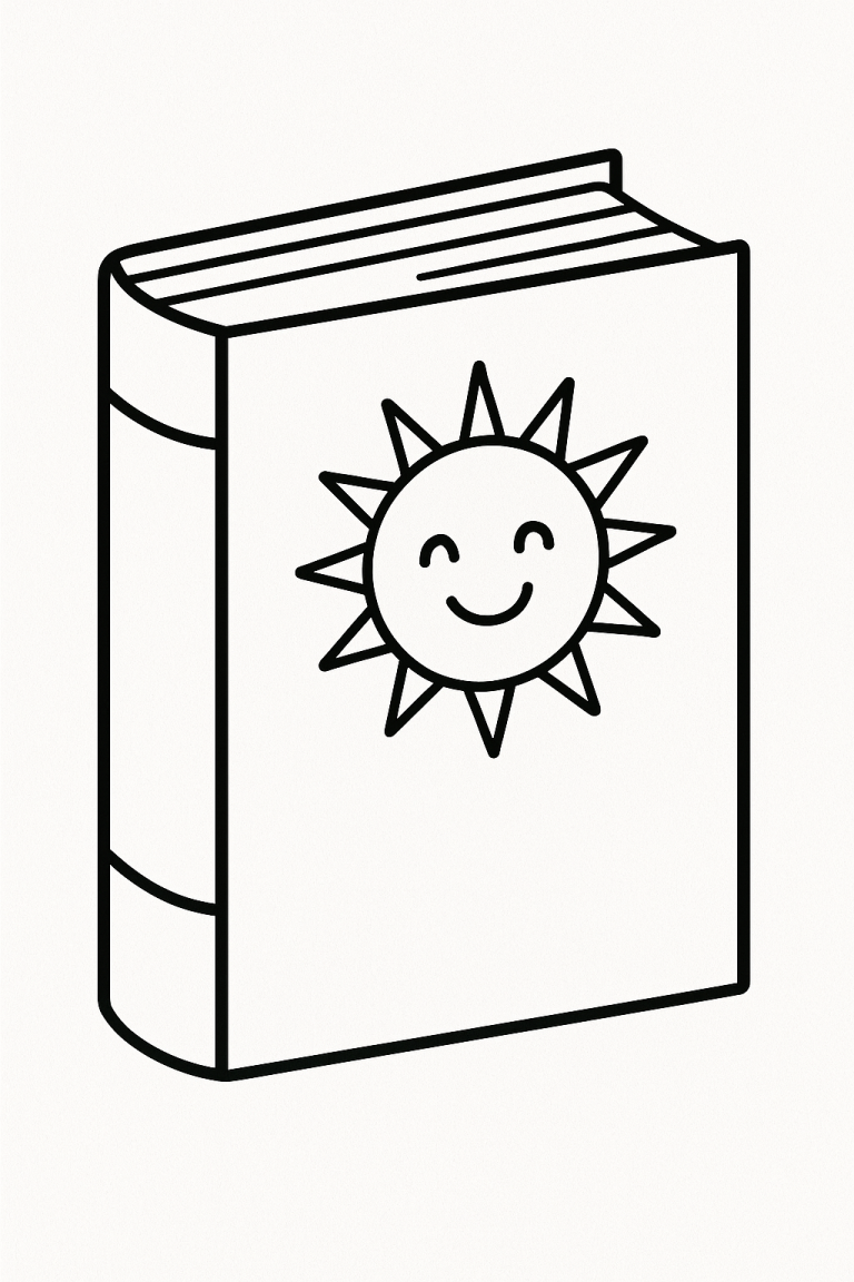 Simple coloring page of a book with a smiling sun on cover